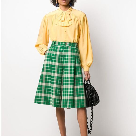 GUCCI Silk Ruffle Jabot Blouse Crepe De Chine Button Down Yellow {L49}